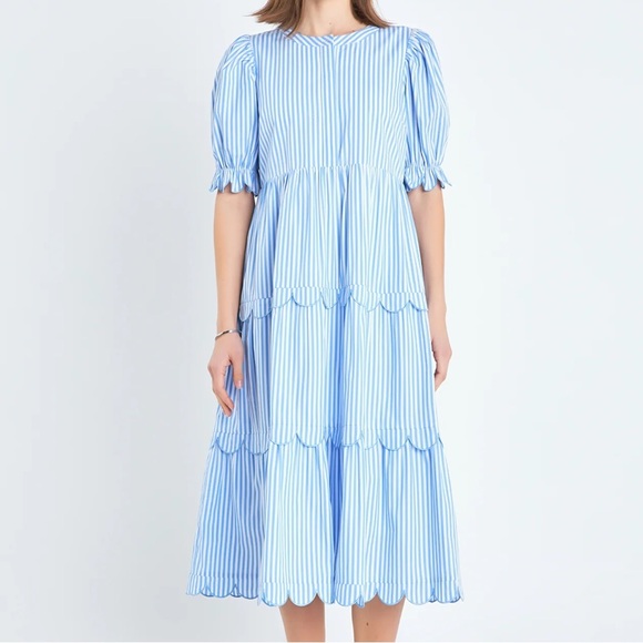 English Factory Dresses & Skirts - English Factory Stripe Scallop Edge Midi Dress